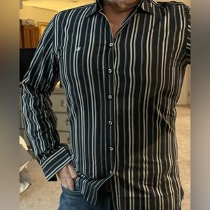 BURBERRY London great striped black-based shirt, grays and silvers!